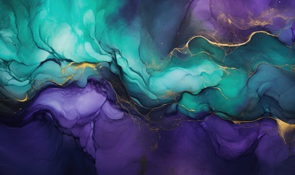 Dark Black Watercolor Abstract, emerald purple Marble Composition