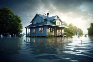 Fototapeta premium generated illustration of wooden house in the water. Flood disaster.