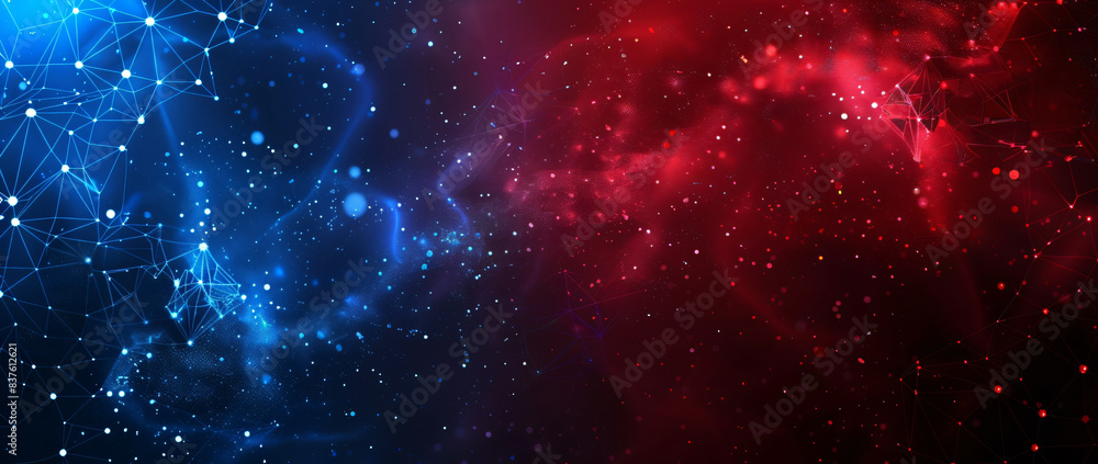 Poster abstract red and blue background with glowing polygonal lines, dots and particles on dark space for 