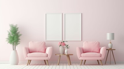 Cozy pink living room with sofa, chair, and lamp. Generative ai
