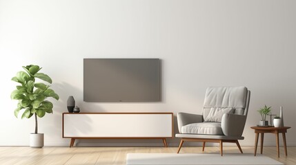 Modern living room with TV, chair, and plant. A cozy space for relaxation and entertainment. Generative ai