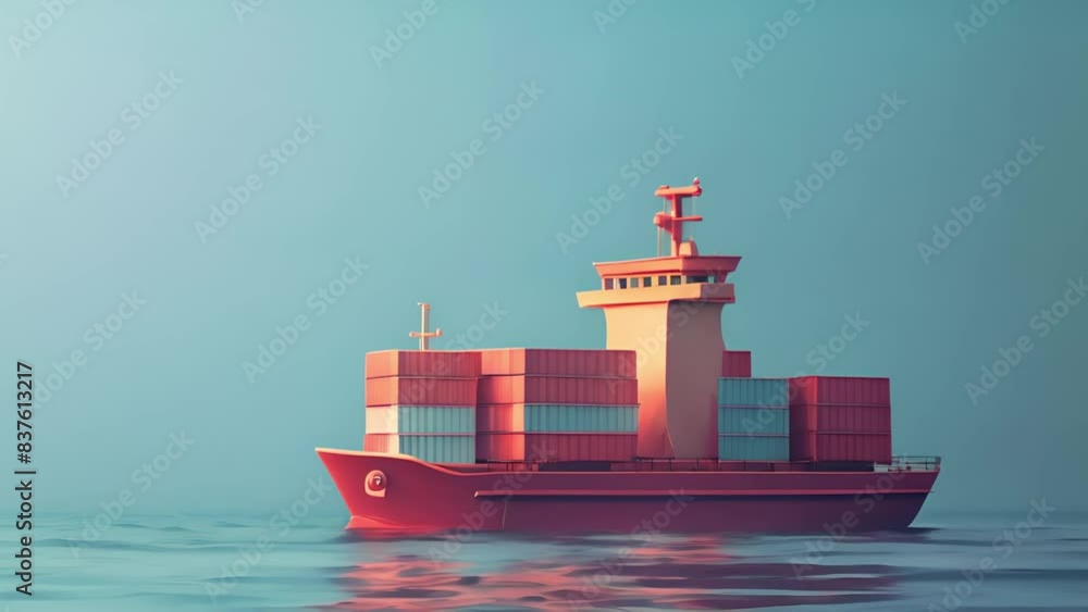 Poster a lone cargo ship loaded with colorful containers sails in calm waters against a gradient background