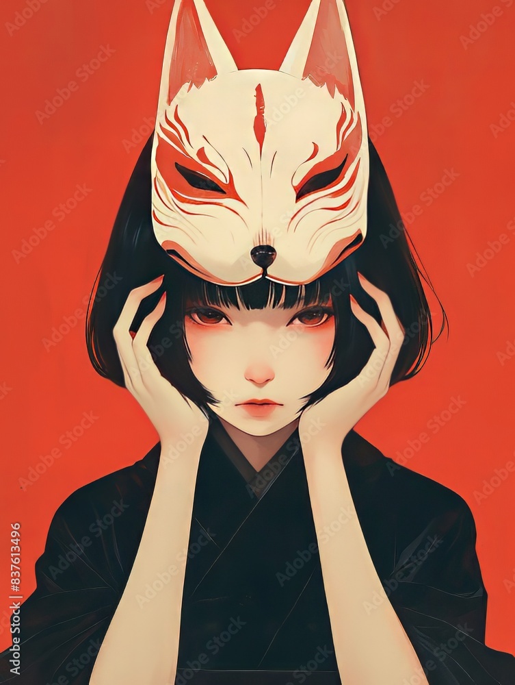 Poster girl take off fox mask in red background