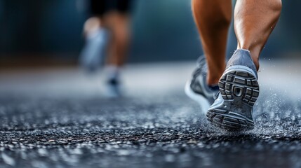 Dynamic low angle close-up of a person's running shoes hitting the wet pavement, implying motion and activity