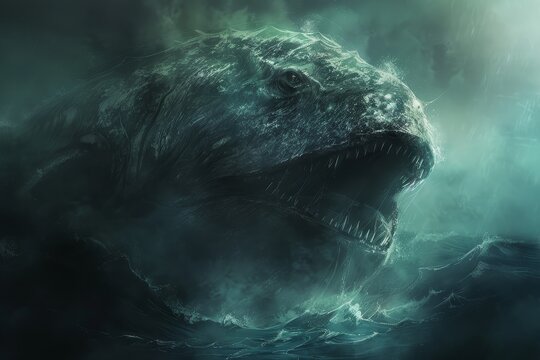 Giant sea monster emerging from the depths, with only its eyes and part of its body visible generated by AI