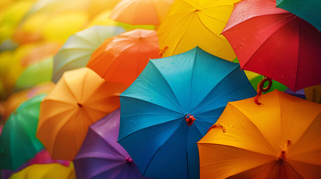 A vibrant row of colorful umbrellas lined up on a sunny beach.
