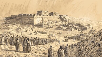 2 Kings 7 Biblical Illustration: Elisha's prophecy ending famine, discovery of Aramean camp by lepers, plundering of camp, Beige Background, copyspace
