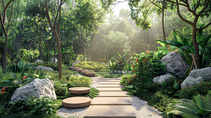 A path through a lush, green forest with a stone walkway