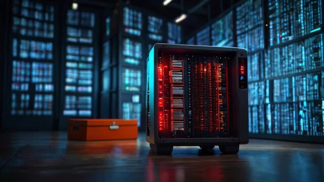 A large black server tower with red and blue lights is sitting in a room with blue lights on the walls and a red toolbox next to it.