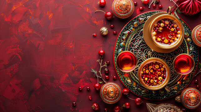 Enjoy the complex flavors of a Middle Eastern islamic diss for eid adha and ramadan kareem islamic celebration mezze platter, artfully arranged, with a solid background and copy space on center for ad