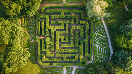 Aerial View of Intricate Maze Garden with Green Hedges Botanical Labyrinth Design with Copy Space for Text