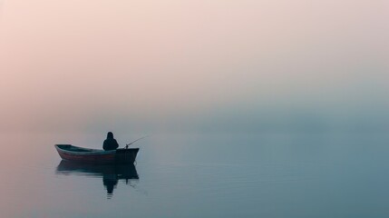 Alone fisherman in a small wooden boat on a misty morning sea generated by AI