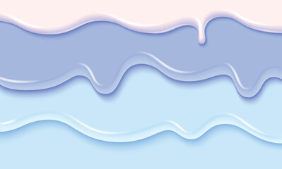 Blue and white liquid substance border. Vector realistic illustration of melting ice cream or yogurt flow, 3d color paint splash, sweet icing drops pouring down dessert cake, nail polish texture