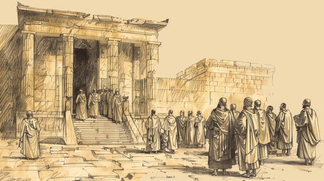 Ezra 5 Biblical Illustration: Resumption of temple construction, prophets Haggai and Zechariah, Persian inquiry, Beige Background, copyspace