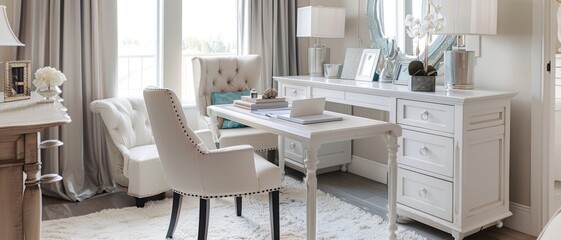Elegant home office with white furniture, large windows, and cozy seating, creating a bright and inviting workspace with natural light.