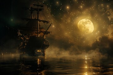Pirate ship sailing under a full moon, casting a haunting reflection on the water generated by AI