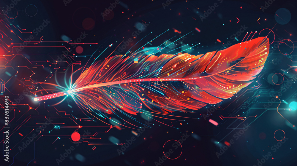 Poster illustration of feather mixed with technology and futuristic style with dots and lines being connect