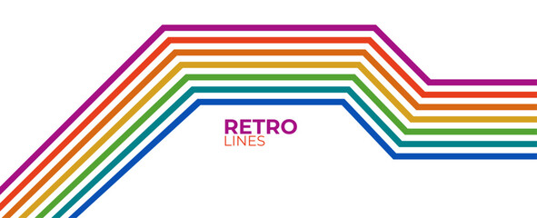 Linear vector abstract background in all colors of rainbow, retro style lines in 3D dimensional perspective, vintage poster art. banner, cover, poster, flyer, card. vector illustration