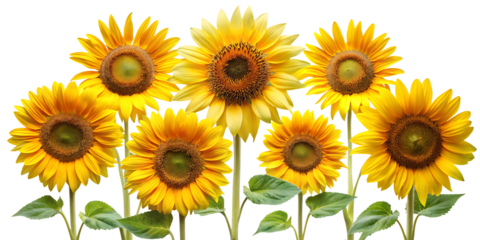  set types of sunflowers, from dwarf to giant varieties, showcasing their sunny and uplifting faces, isolated on white background.PNG AI GENERATED