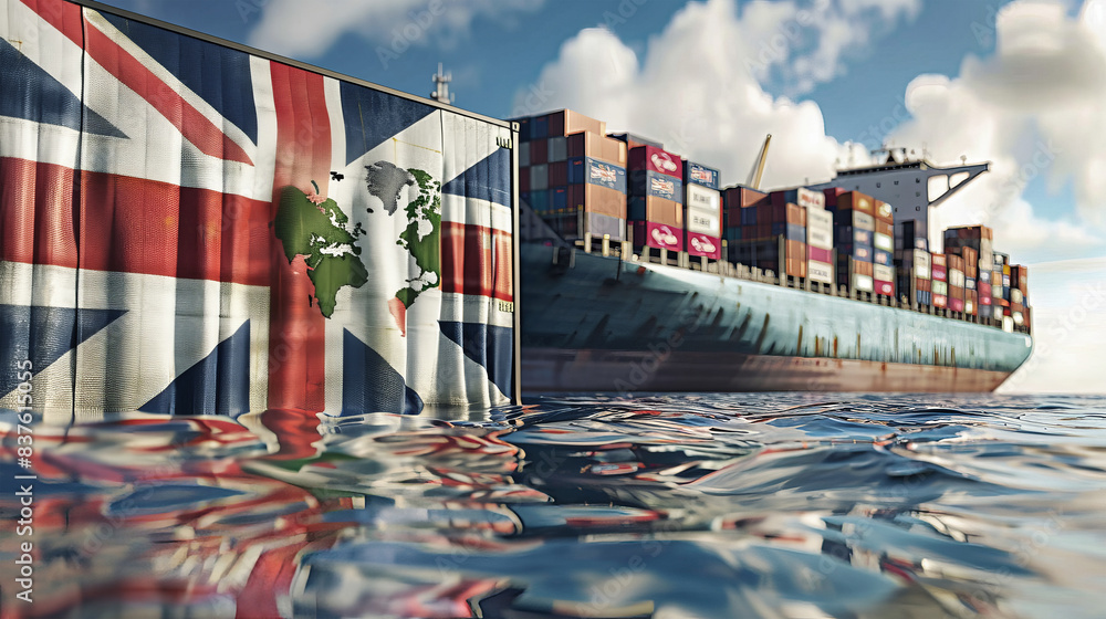 Poster a container ship adorned with the british flag sails through the vast ocean, symbolizing internation