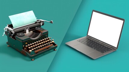 Old vs New, Old or New. A vintage typewriter and a modern laptop, both facing each other on a teal background. This image depicts the evolution of technology used for writing