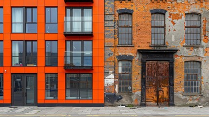 Old vs New, Old or New. A modern orange building with large windows and a door stands next to an...