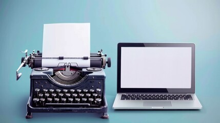 Old vs New, Old or New. A vintage typewriter and a modern laptop sit side by side on a blue background, representing the evolution of technology in writing and communication