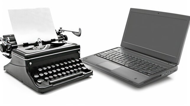 Old vs New, Old or New. A black vintage typewriter and a modern laptop are presented side by side, showcasing the evolution of technology in writing and communication