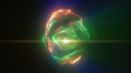 Yellow green energy magic sphere round high-tech digital ball core of light rays waves lines and energy particles. Abstract background