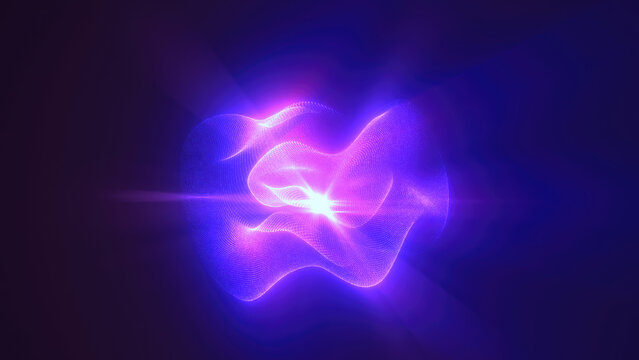 Purple energy magic sphere round high-tech digital ball core of light rays waves lines and energy particles. Abstract background
