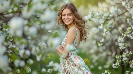 Naklejka premium A happy woman in the spring outdoors. A smiling young woman in a spring garden enjoys the blossoming flowers of the trees.