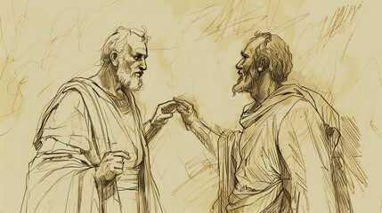 Fototapeta premium 1 Samuel 28 Biblical Illustration: Saul's consultation with Endor medium, Samuel's spirit, prophecy of defeat and death, Beige Background, copyspace