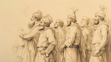 Naklejka premium 1 Chronicles 11 Biblical Illustration: David's anointing as king, capture of Jerusalem, mighty warriors' heroic deeds, Beige Background, copyspace