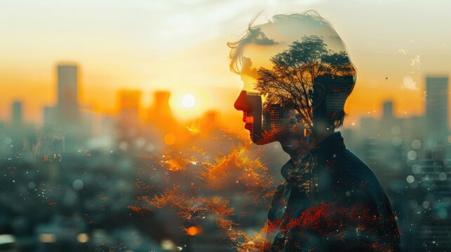 Double exposure of a man's silhouette and nature scene with cityscape in the background at sunset, representing inner reflection and connection.
