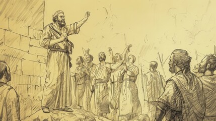 Fototapeta premium 1 Samuel 11 Biblical Illustration: Saul Rescues Jabesh Gilead, Confirmation as King - Beige Background with Copyspace for Inspirational Use