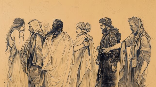 1 Samuel 25 Biblical Illustration: Nabal, Abigail's intervention, preventing bloodshed, marriage to David, Beige Background, copyspace