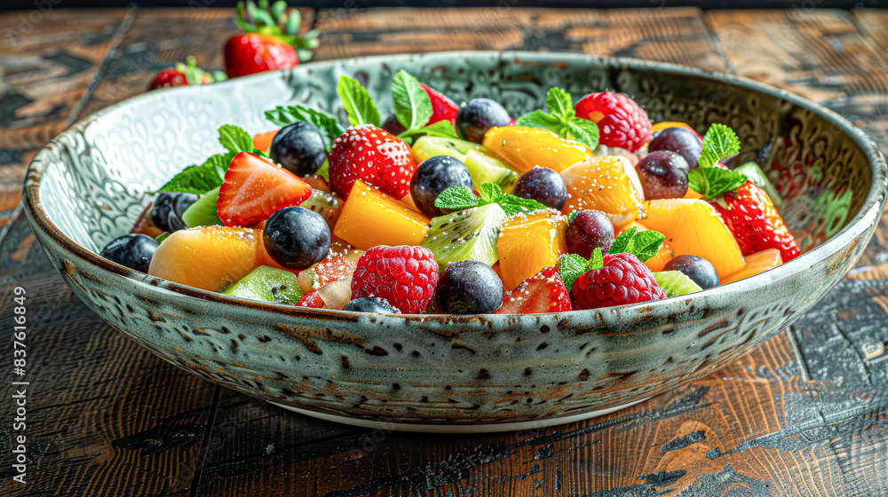 Poster A bowl of fruit salad with strawberries, blueberries, kiwi, and oranges