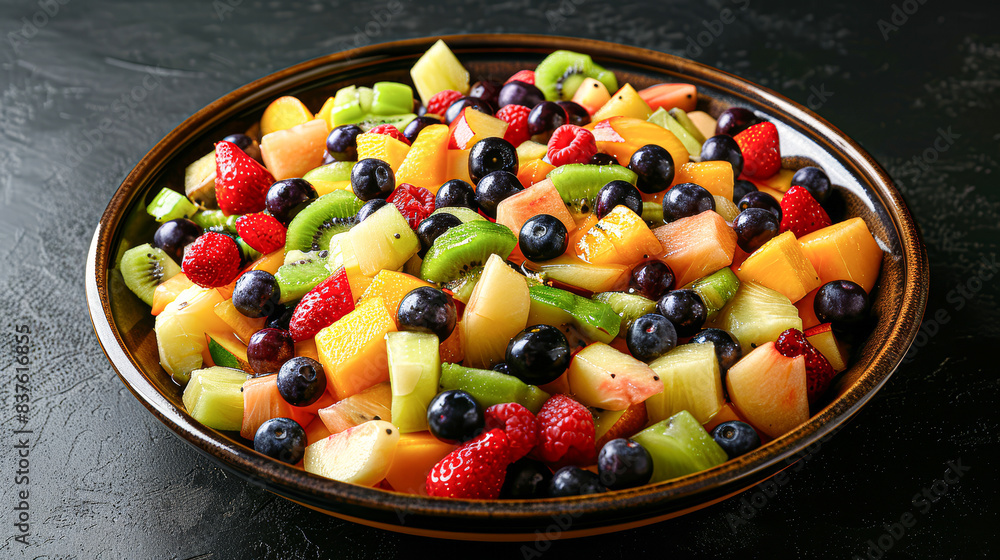 Sticker A bowl of fruit salad with strawberries, blueberries, kiwi, and oranges