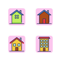 Residential houses and buildings line icon set. Apartment building, cottage with chimney, high-rise building, private house. Colorful house and home concept. Vector illustration for web design apps