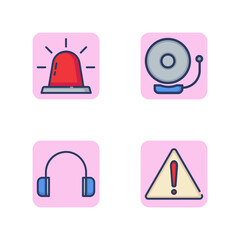 Signal and danger notification line icon set. Attention sign, warning light, alarm bell, hearing protection device. Hazard warning and alarm signal concept. Vector illustration for web design and app