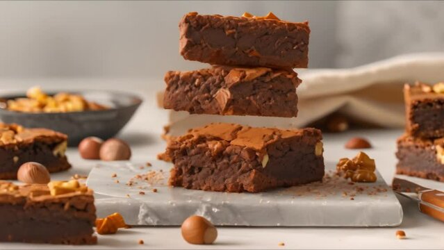 Front view of mocha hazelnut brownies on white background in food photography. Concept Food Photography, Sweet Treats, Mocha Hazelnut Brownies, Dessert Artistry, Tempting Sweets