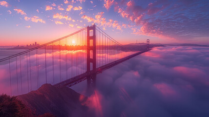 Obraz premium Golden Gate at dawn surrounded by fog,generative ai