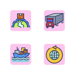 Worldwide cargo delivery icon set. Worldwide shipping, transport truck, ship transportation, delivery goods around the world. Worldwide delivery transportation goods.Vector illustration web design app