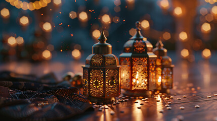 ramadan lantern islamic ornament background blur with copy space