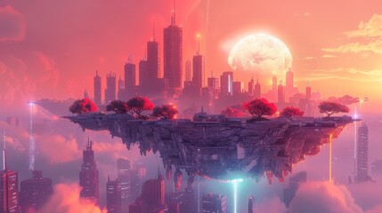 A digital illustration depicting a futuristic city floating on clouds with a pink sky and glowing moon.