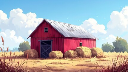 Obraz premium Straw Stack Stories: Whimsical Farm Barn Illustration
