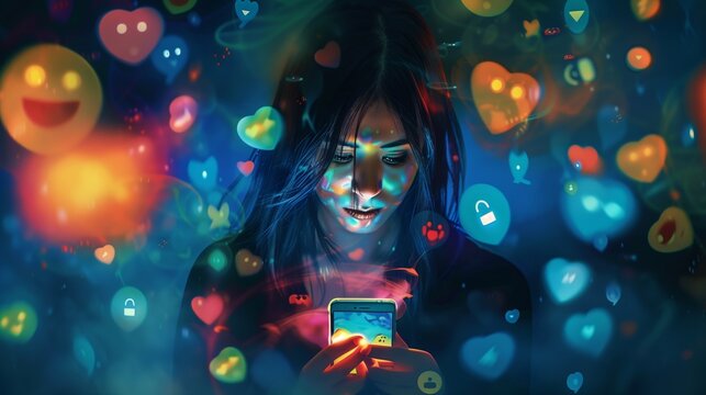 A woman staring intently at her phone, surrounded by floating reactions and emojis, capturing the essence of overstimulation and social media addiction.
