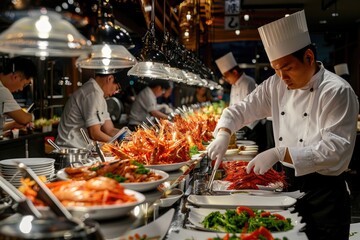 Chefs in white uniforms are preparing seafood dishes at a buffet station with hanging lights