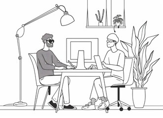 Two young professionals in an office, working on their laptops, flat art, modern and organized workspace