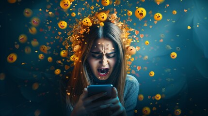 Create a scene where a woman, bored and overstimulated, is engulfed by a flood of reactions and emojis emanating from her phone, symbolizing social media addiction.
